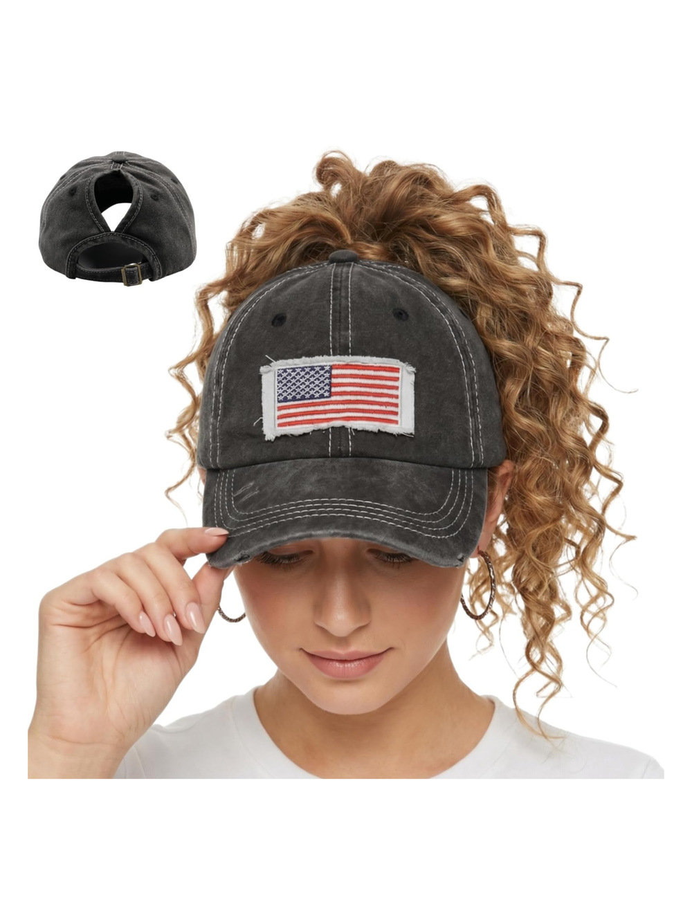 Womens High Ponytail Messy Bun Baseball Caps | Classic Flag Black | Size OS